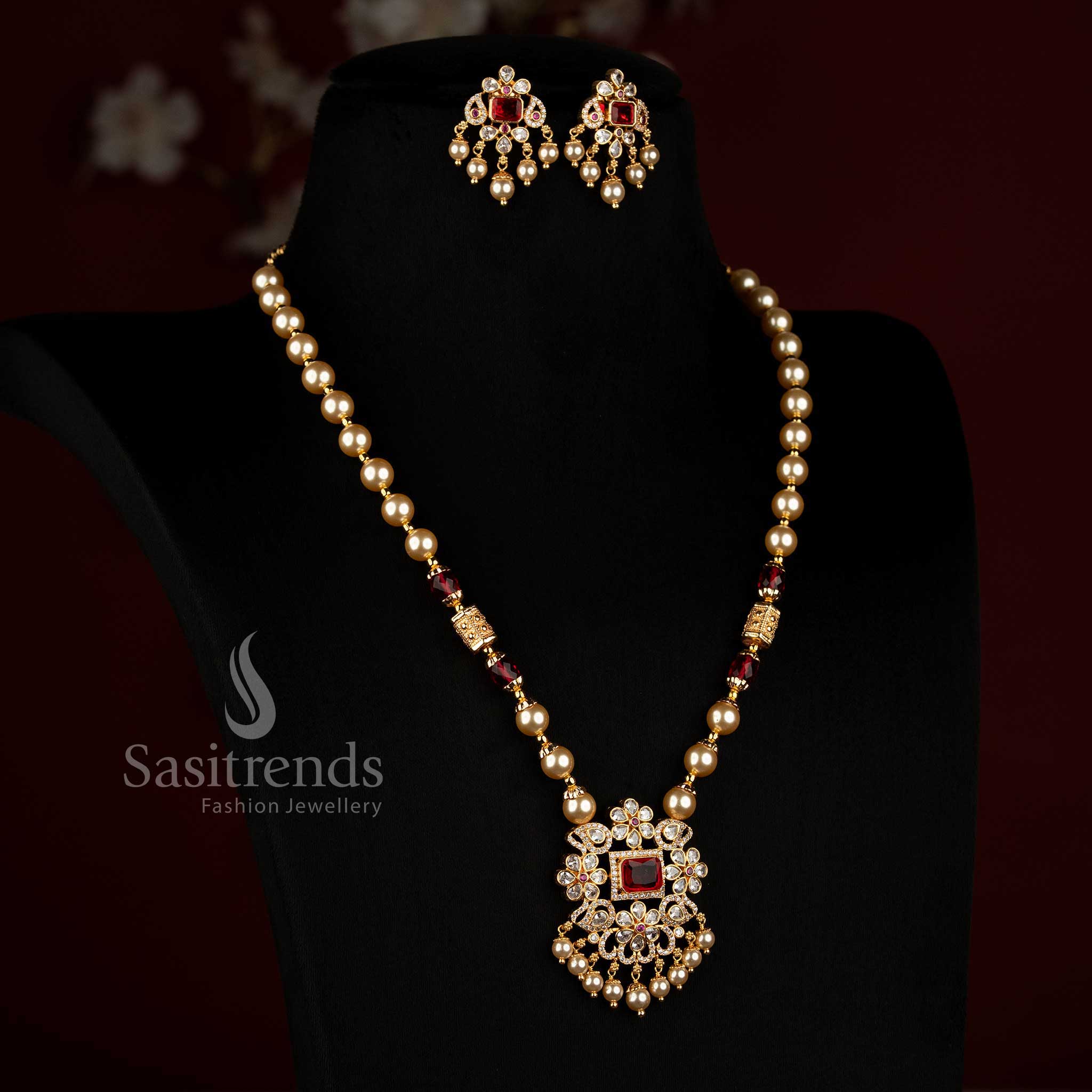 2534K premium micro gold plated pearl necklace set featuring American Diamond square motifs and elegant drop detailing
