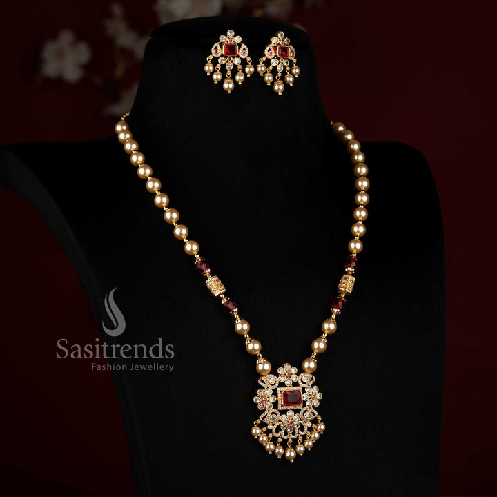 2534K premium micro gold plated pearl necklace set featuring American Diamond square motifs and elegant drop detailing