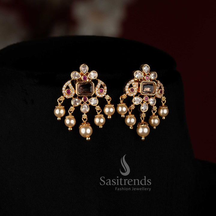 Festive wear pearl strand necklace set with premium American Diamond square motifs and sophisticated drop detailing by Sasitrends
