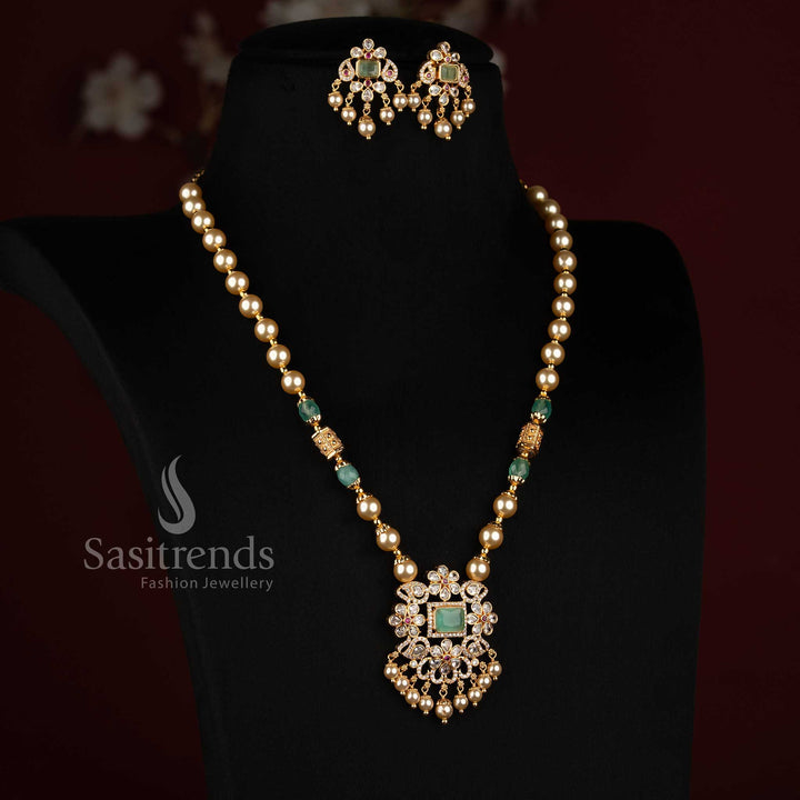 2534K premium pearl strand American Diamond necklace set with square motif pendant and drop detailing by Sasitrends