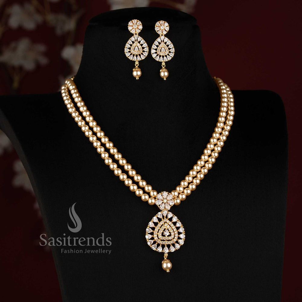 One Gram Micro Gold Plated Layered Pearl Teardrop AD Stone Necklace Set for Women - Sasitrends