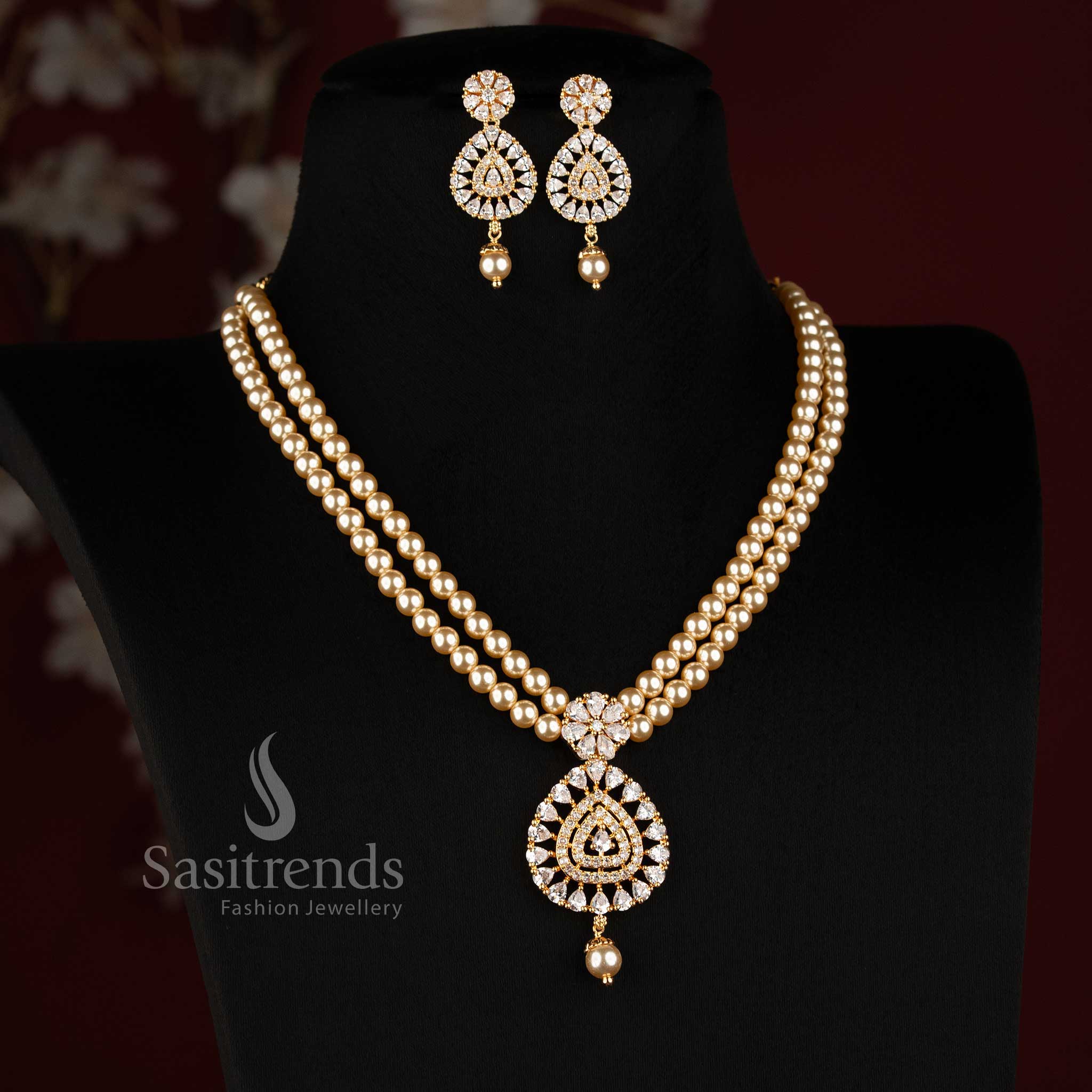 One Gram Micro Gold Plated Layered Pearl Teardrop AD Stone Necklace Set for Women - Sasitrends