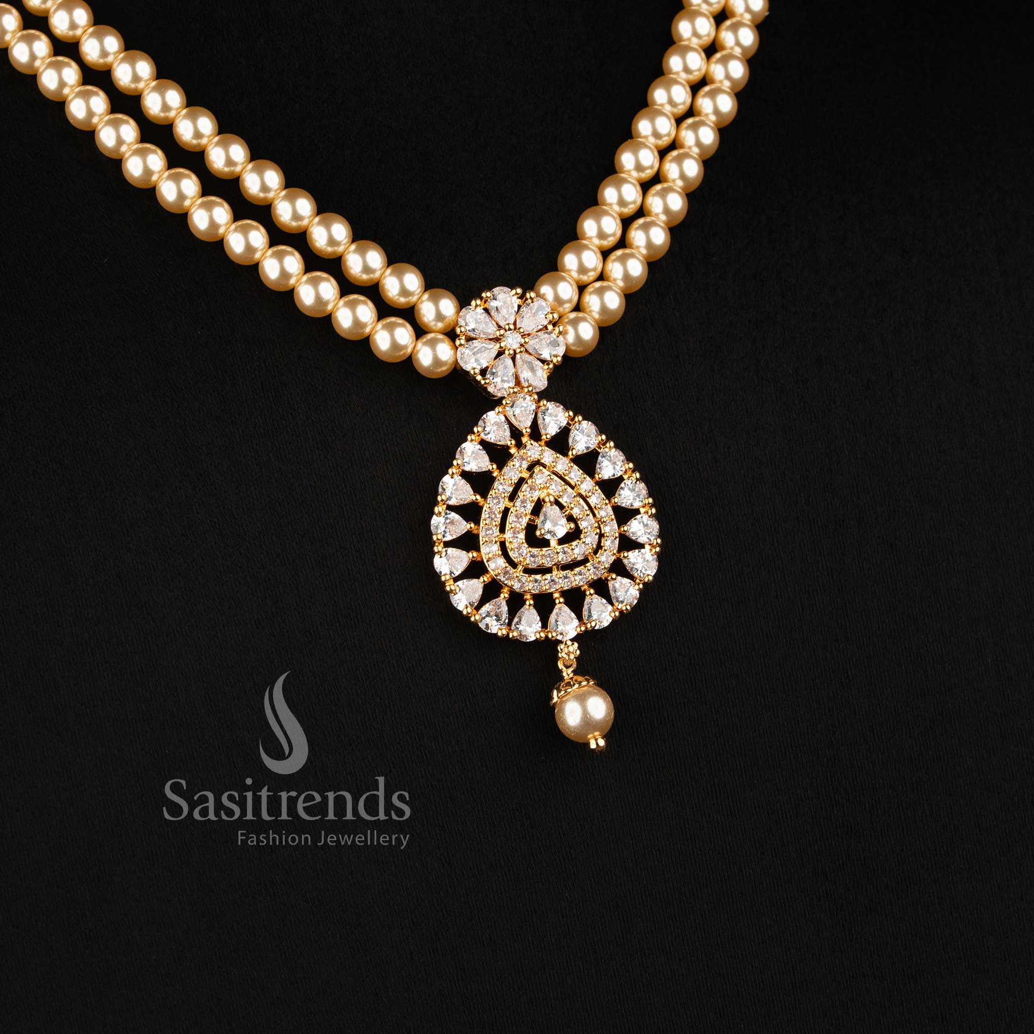 Layered Pearl Strand Micro Gold Plated AD Stone Teardrop Pendant Necklace Set in White - Sasitrends