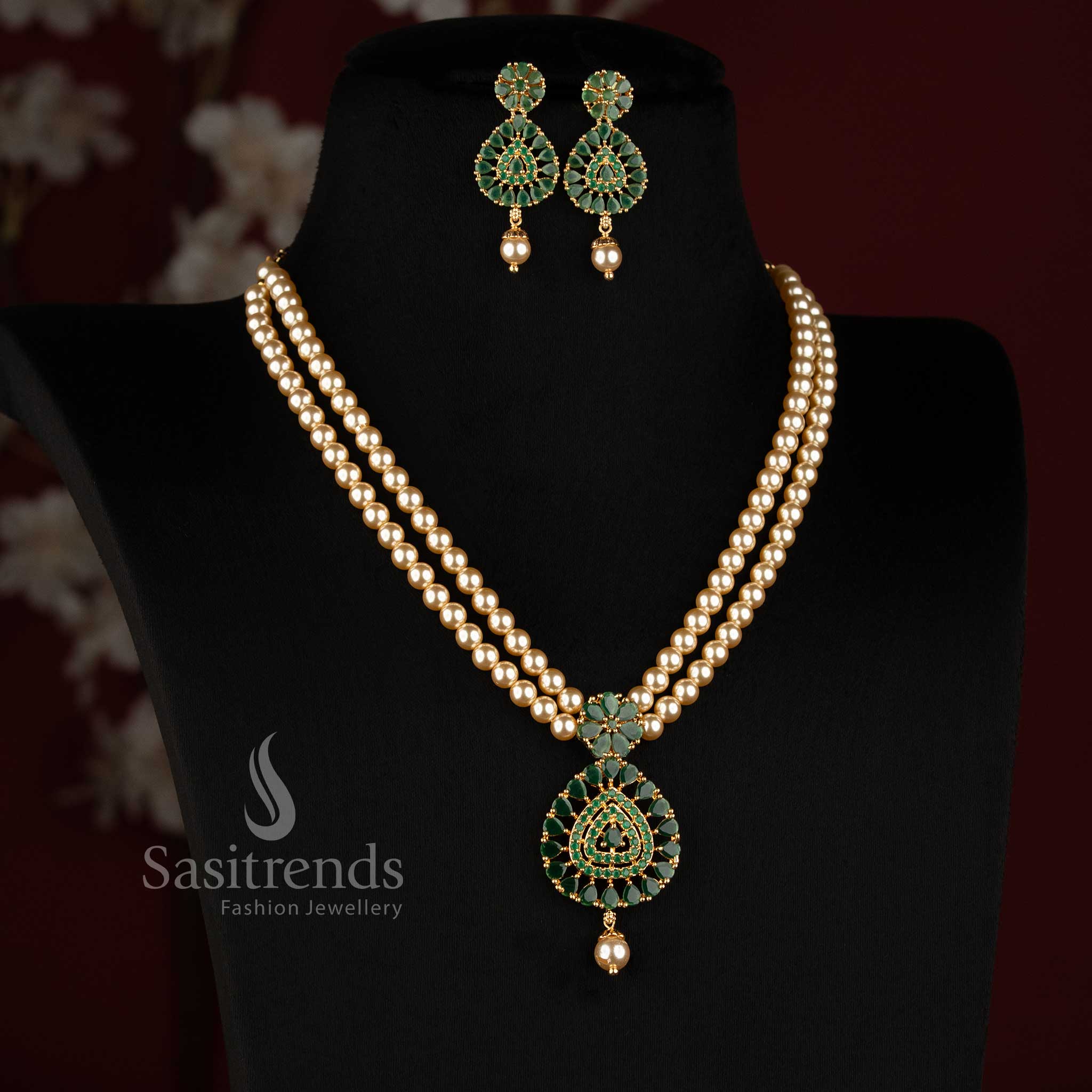 Elegant Double Strand Pearl Necklace Set with AD Stone Teardrop Pendant and Matching Earrings - Sasitrends