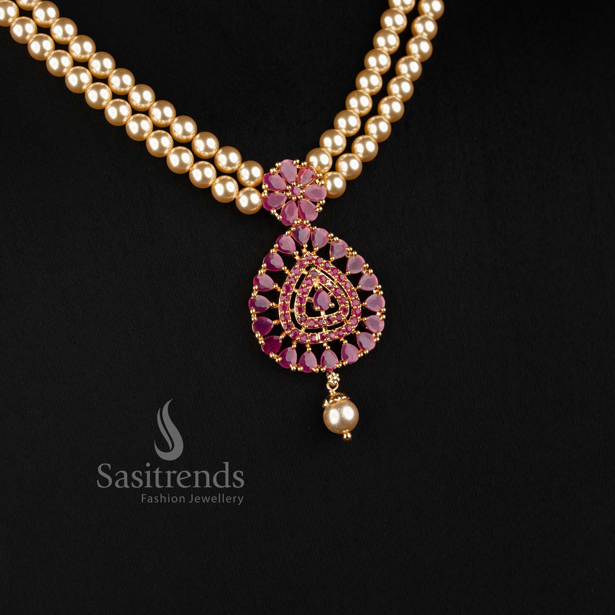 Layered Pearl Strand Micro Gold Plated AD Stone Teardrop Pendant Necklace Set in Ruby - Sasitrends