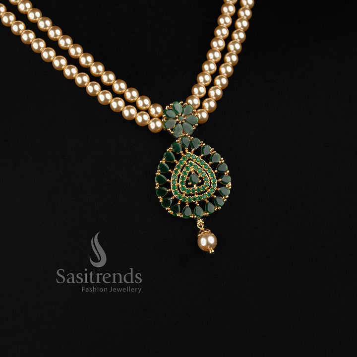 Layered Pearl Strand Micro Gold Plated AD Stone Teardrop Pendant Necklace Set in Green - Sasitrends