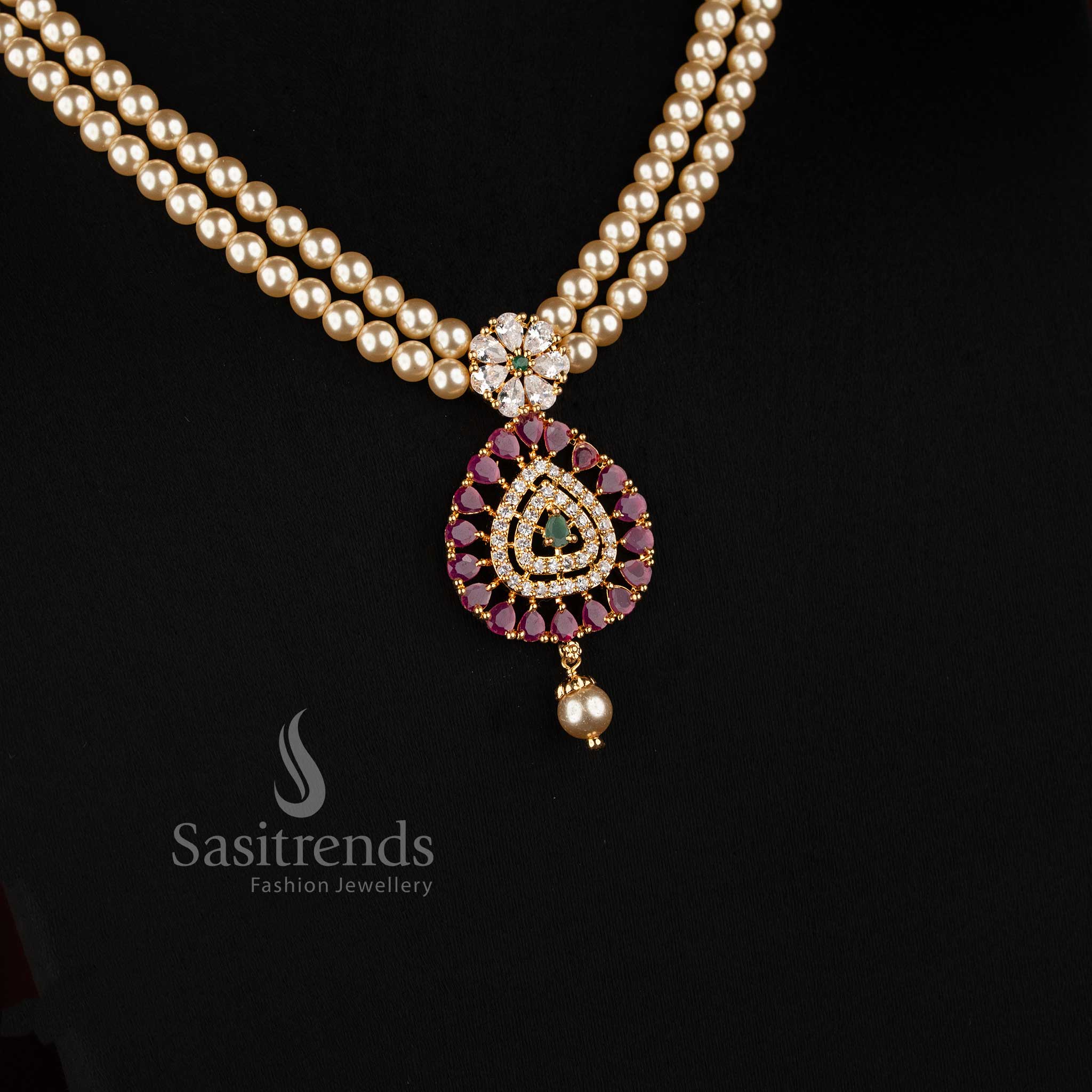 Layered Pearl Strand Micro Gold Plated AD Stone Teardrop Pendant Necklace Set - Sasitrends