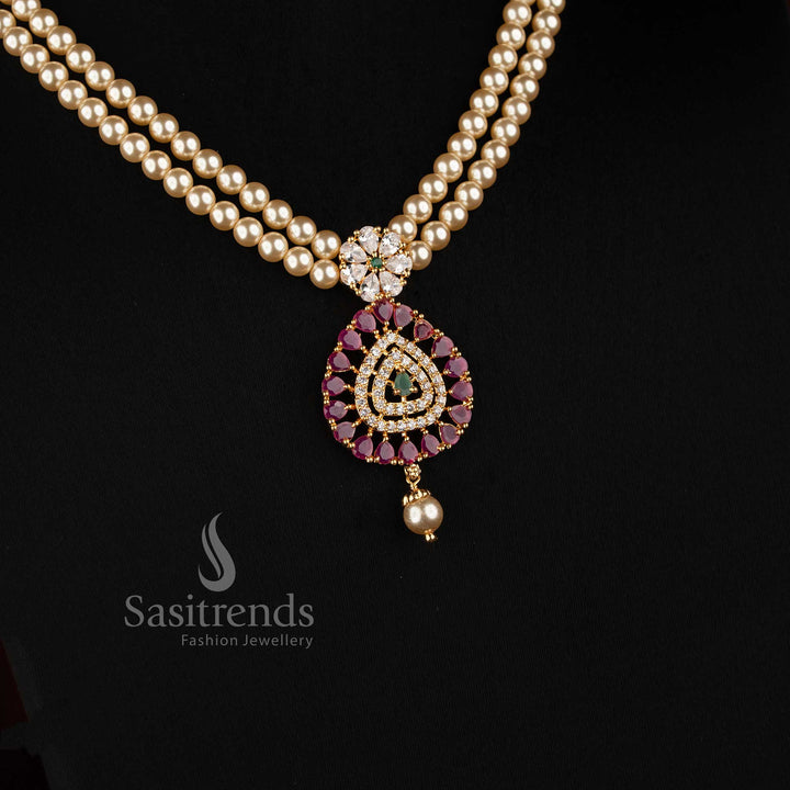 Layered Pearl Strand Micro Gold Plated AD Stone Teardrop Pendant Necklace Set - Sasitrends