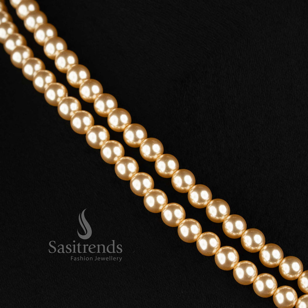 Layered Pearl Strand Micro Gold Plated AD Stone Teardrop Pendant Necklace Set in White - Sasitrends