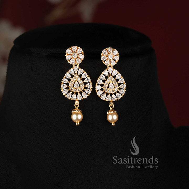 Layered Pearl Strand Micro Gold Plated AD Stone Teardrop Pendant Necklace Set in White - Sasitrends