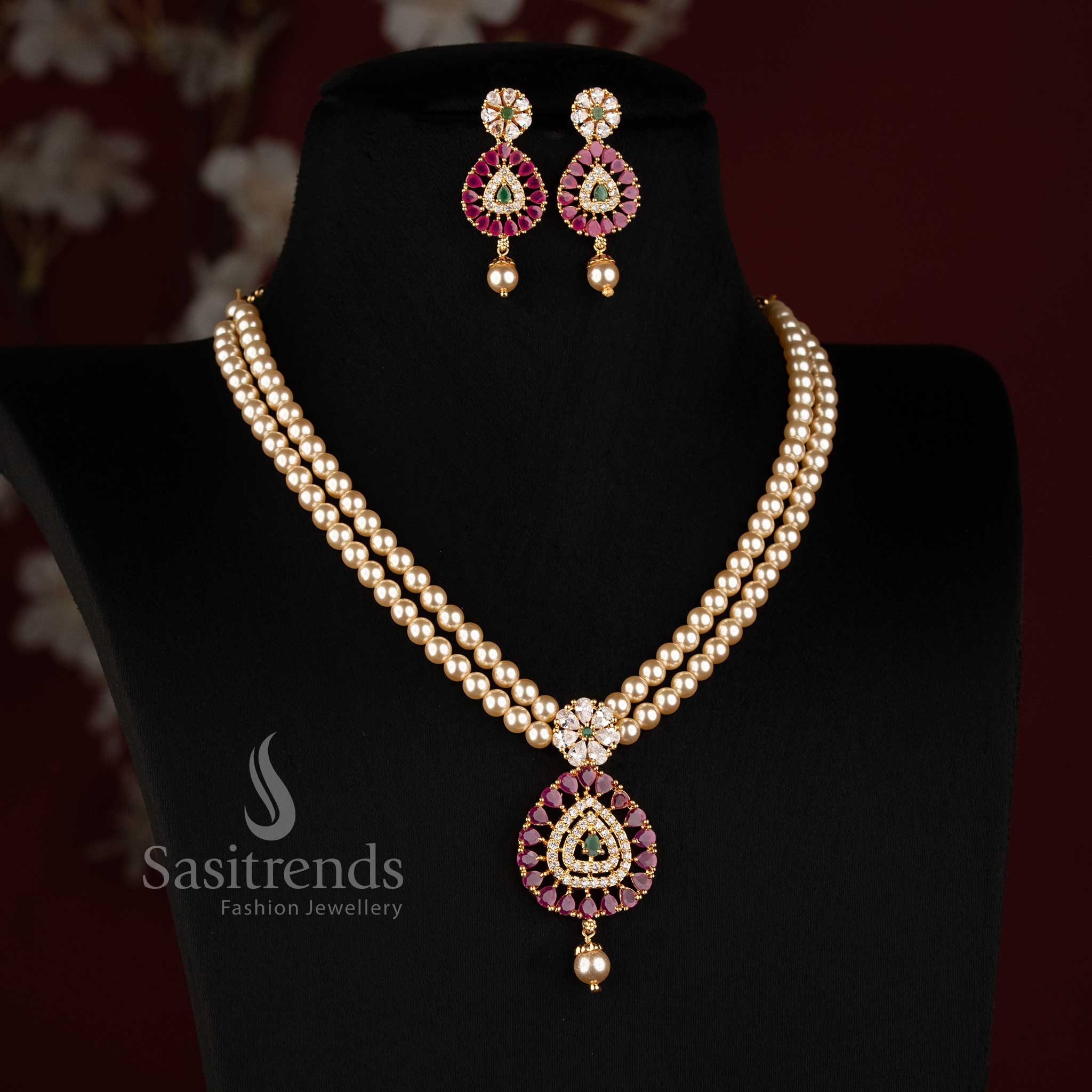 Elegant Double Strand Pearl Necklace Set with AD Stone Teardrop Pendant and Matching Earrings - Sasitrends