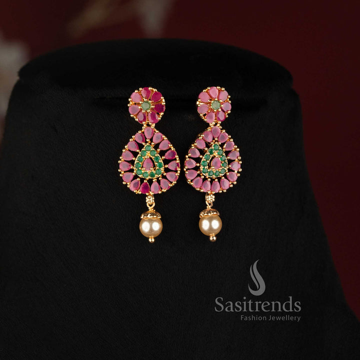 Layered Pearl Strand Micro Gold Plated AD Stone Teardrop Pendant Necklace Set in Ruby - Sasitrends