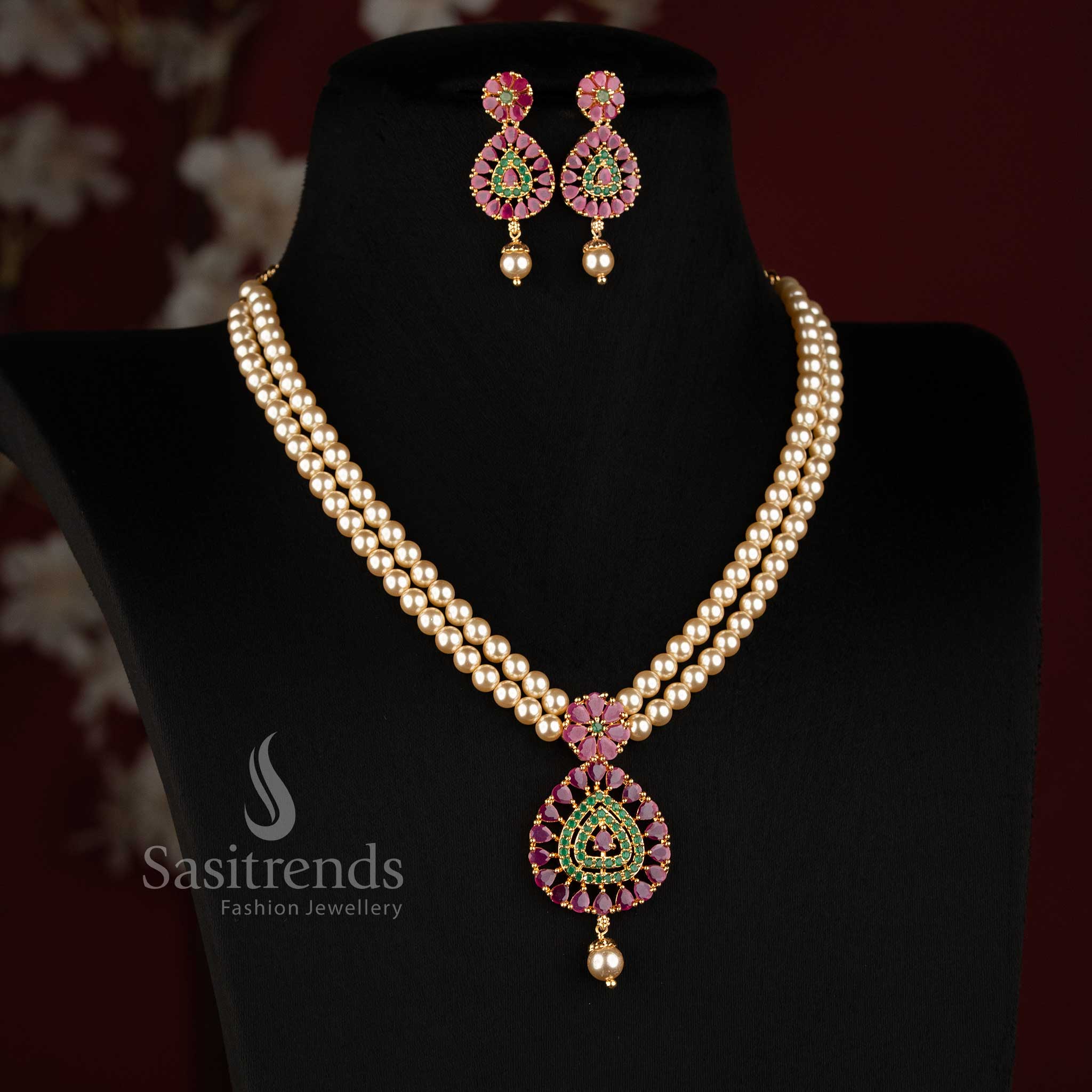 24K One Gram Micro Gold Plated Pearl AD Stone Necklace Set for Wedding and Festive Wear - Sasitrends