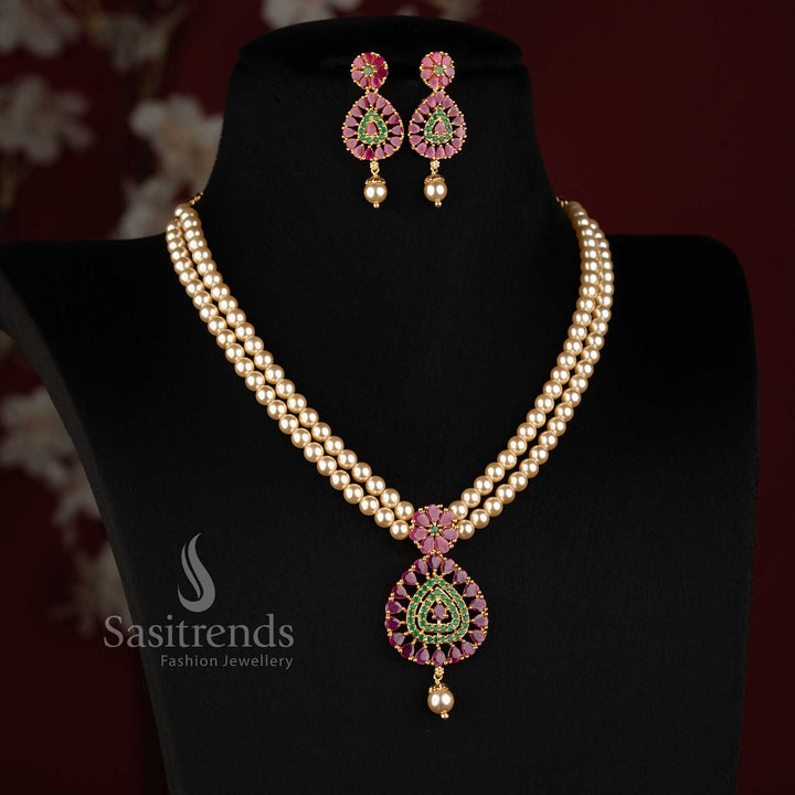 24K One Gram Micro Gold Plated Pearl AD Stone Necklace Set for Wedding and Festive Wear - Sasitrends