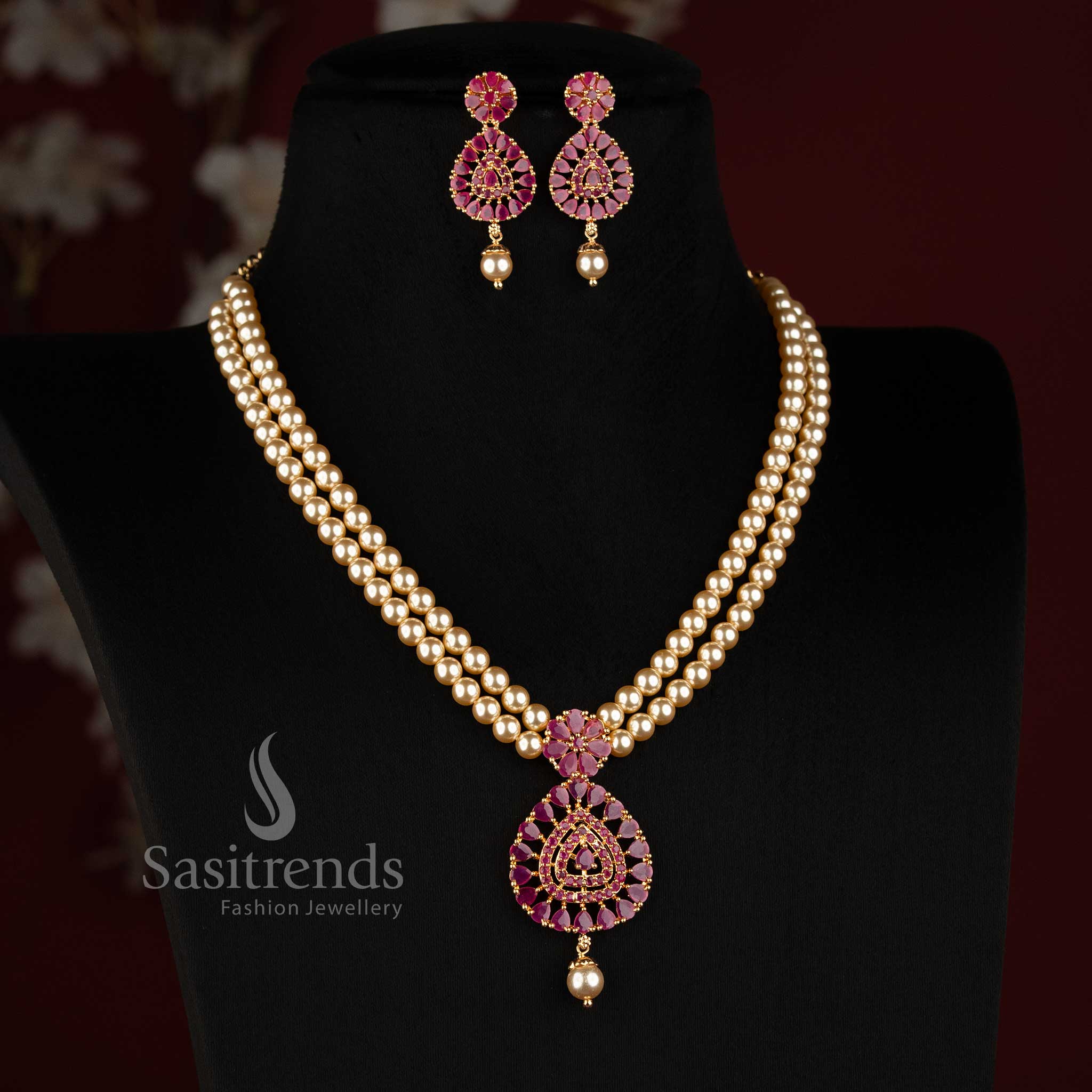 24K One Gram Micro Gold Plated Pearl AD Stone Necklace Set for Wedding and Festive Wear - Sasitrends