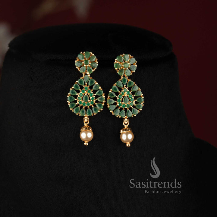 Layered Pearl Strand Micro Gold Plated AD Stone Teardrop Pendant Necklace Set in Green - Sasitrends