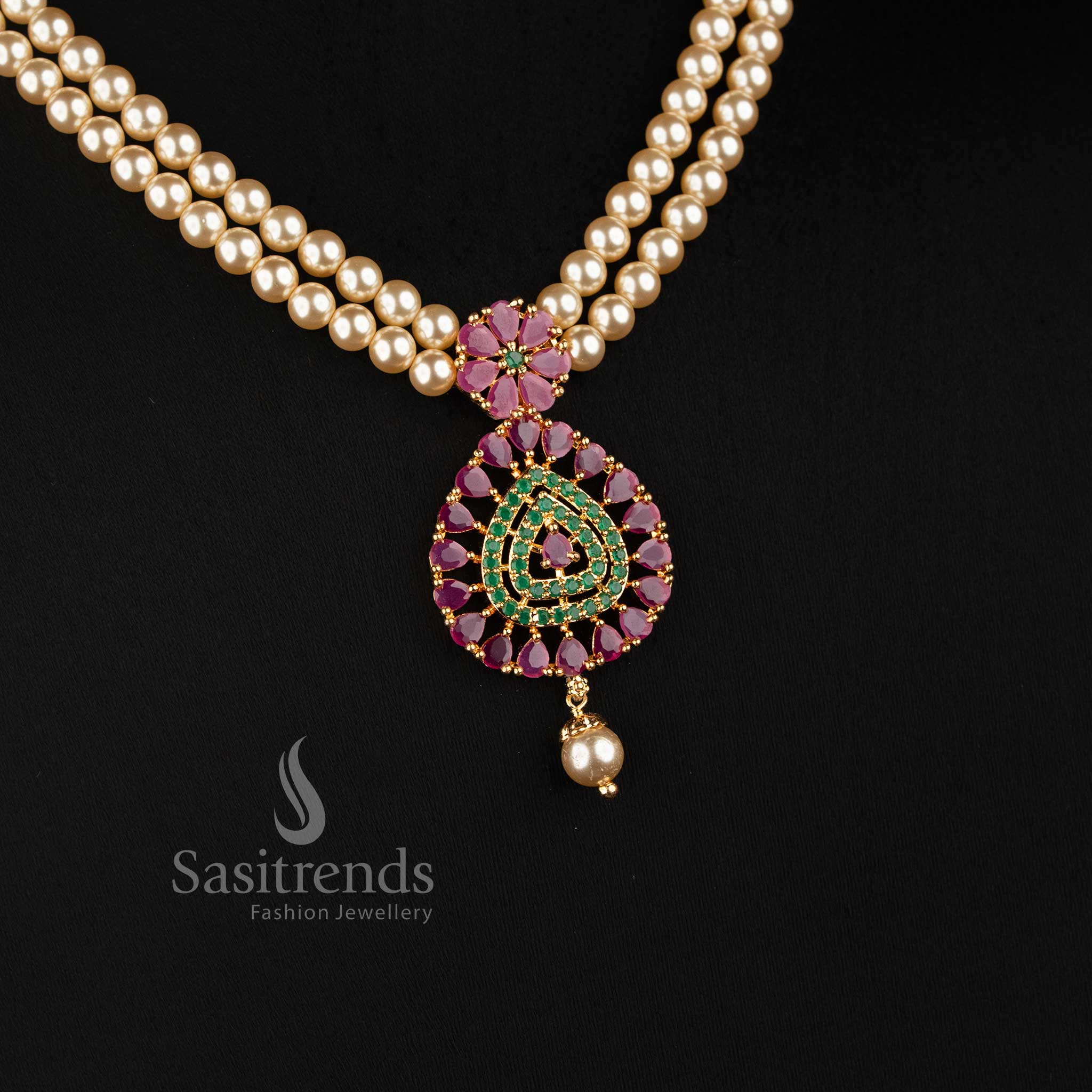 Layered Pearl Strand Micro Gold Plated AD Stone Teardrop Pendant Necklace Set in Ruby Green - Sasitrends
