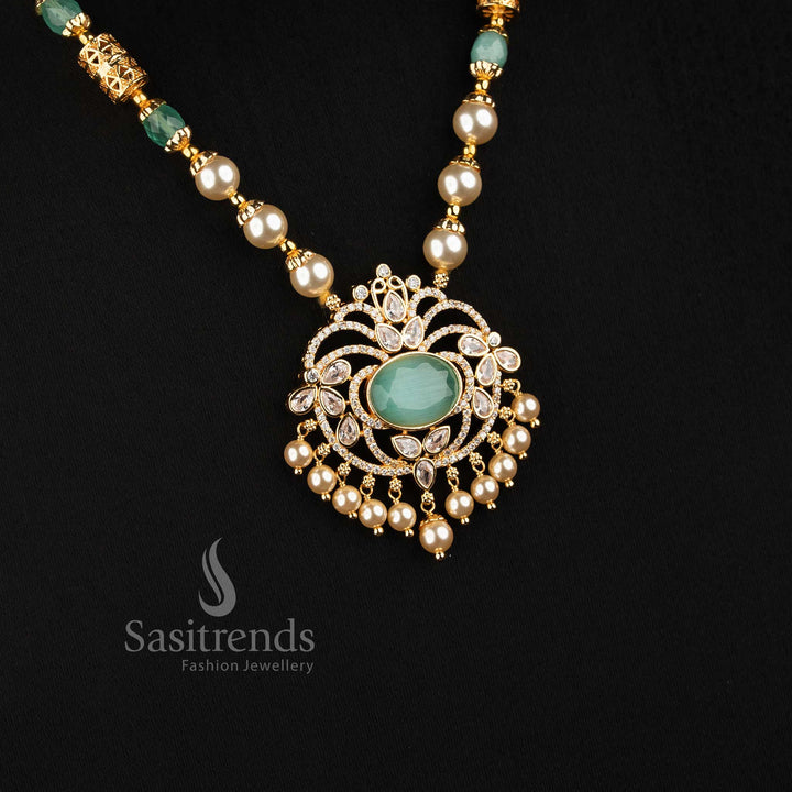 Traditional Pearl Bead Strand AD Stone Medallion Micro Gold Necklace Set with Matching Earrings - Sasitrends