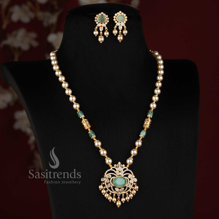 One Gram 24K Micro Gold Plated Pearl Bead Strand AD Stone Medallion Necklace Set with Earrings - Sasitrends