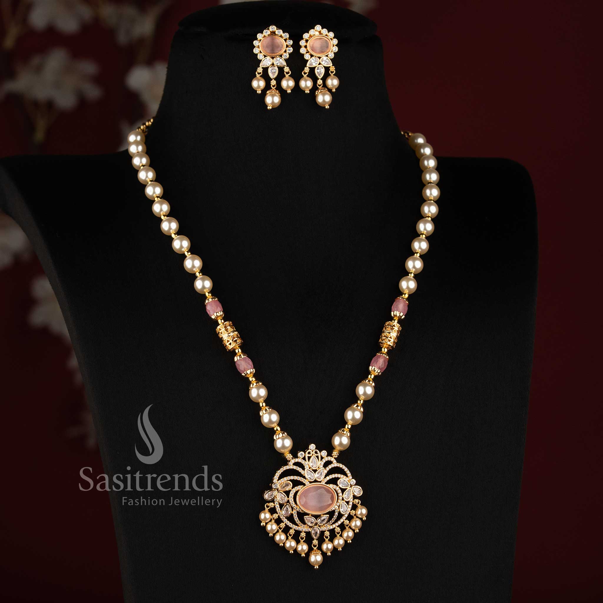 Traditional Pearl Strand AD Stone Medallion Micro Gold Necklace Set with Matching Earrings - Sasitrends