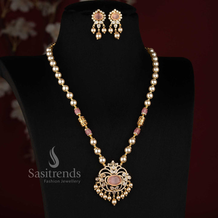 Traditional Pearl Strand AD Stone Medallion Micro Gold Necklace Set with Matching Earrings - Sasitrends