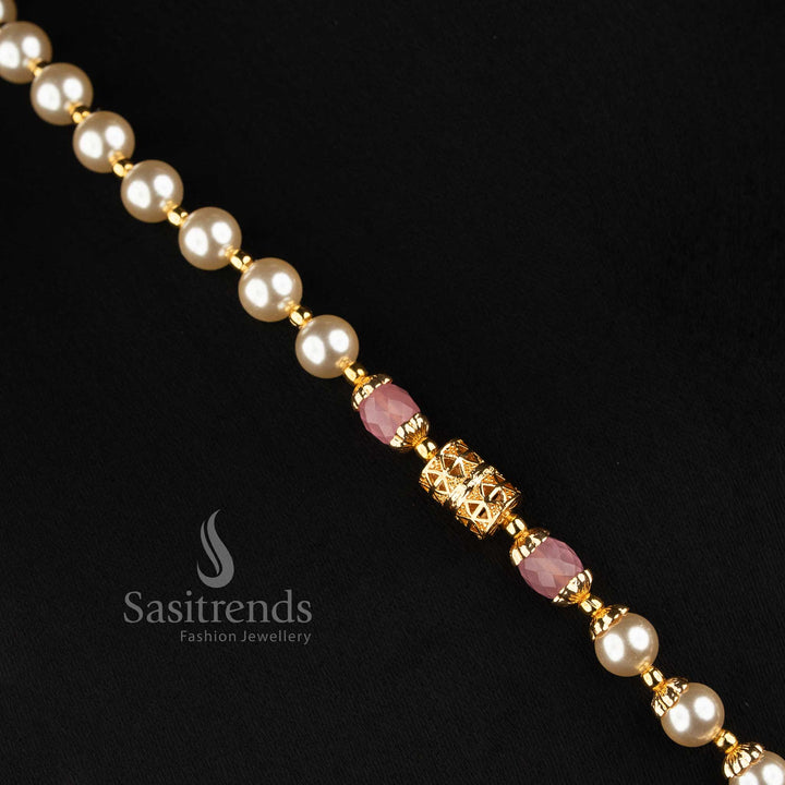Detailed Pearl Strand Necklace with AD Stone Medallion Pendant and Pearl Drops - Sasitrends