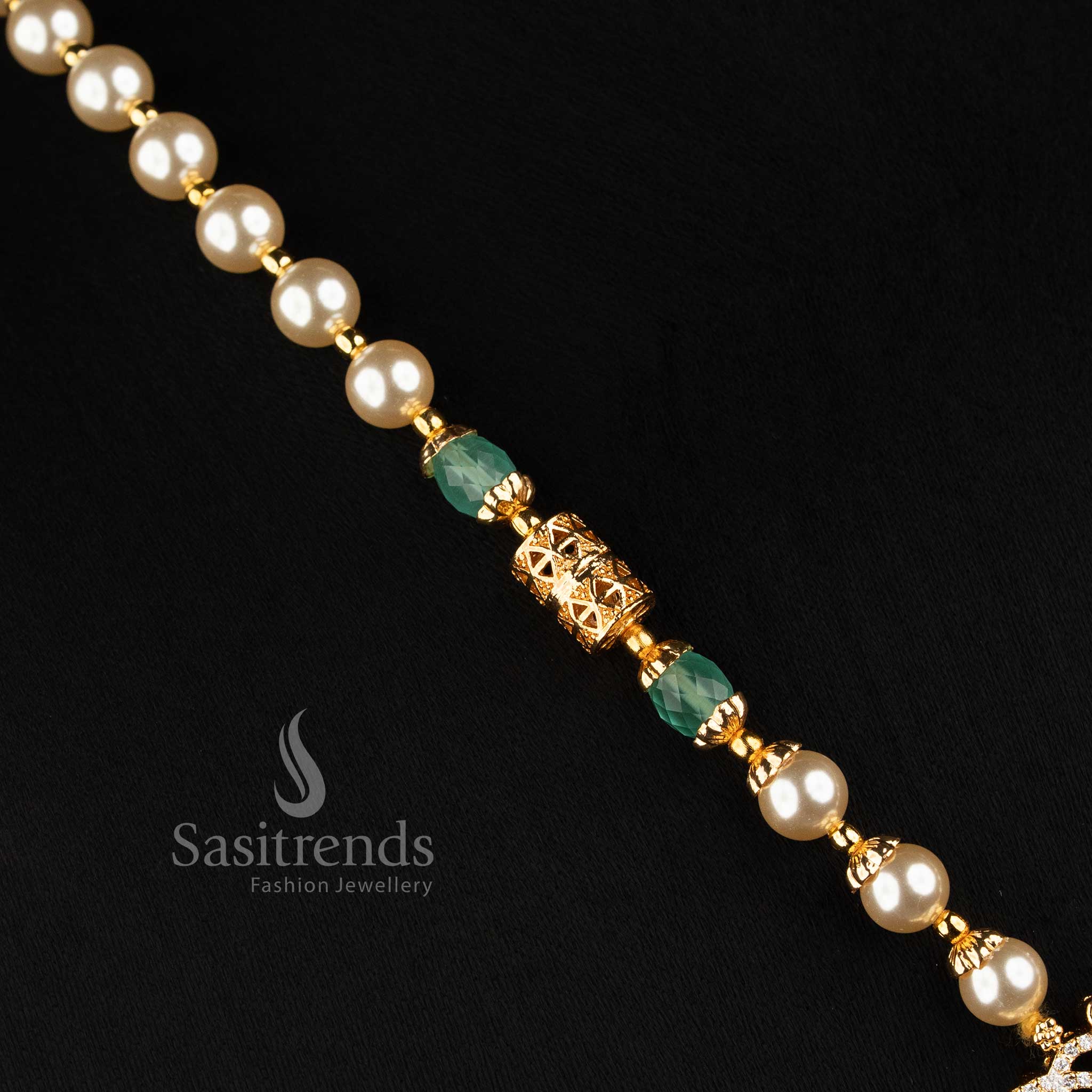 One Gram Micro Gold Plated Pearl Bead AD Stone Necklace Set for Women - Sasitrends