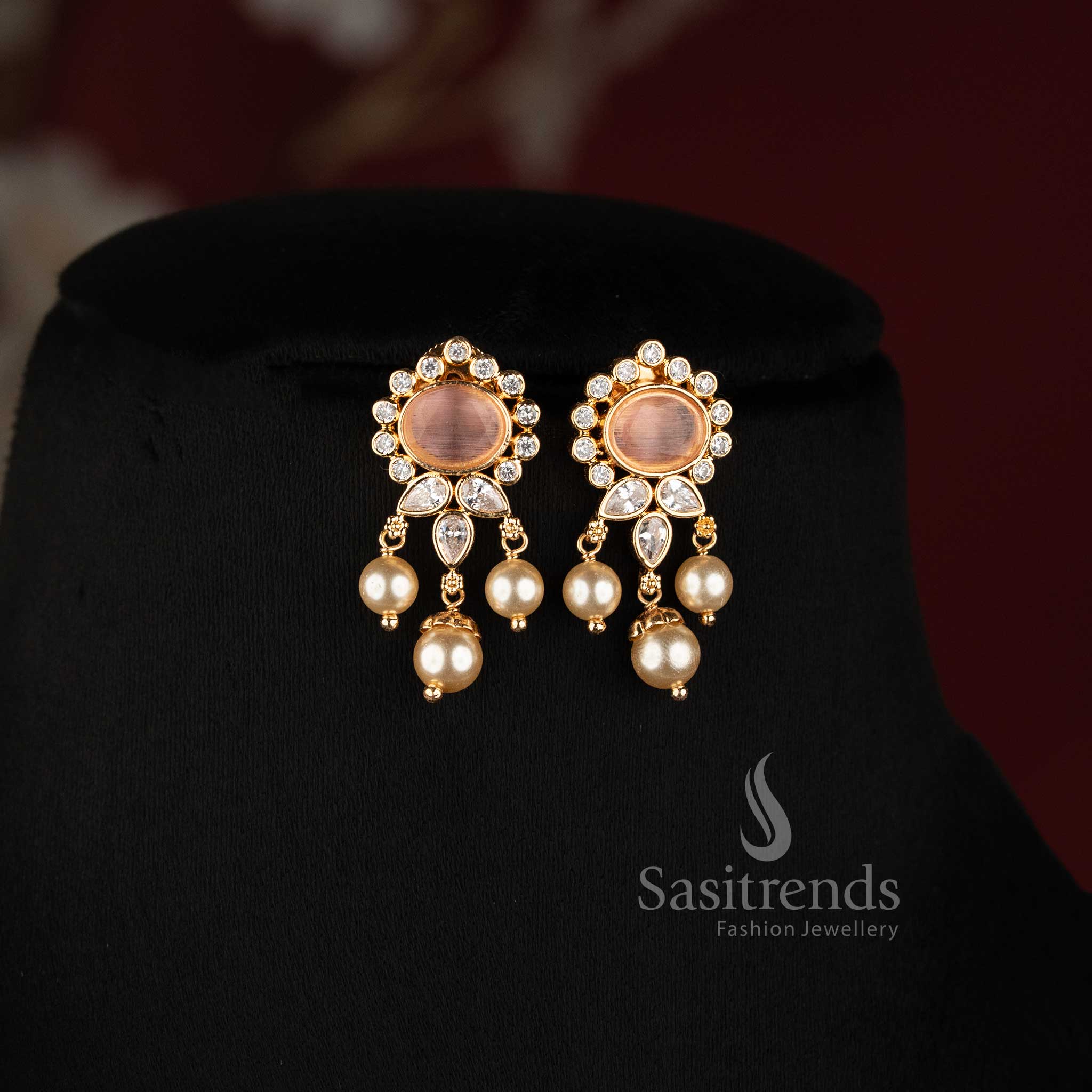 Traditional Pearl Bead Strand AD Stone Medallion Micro Gold Necklace Set with Matching Earrings - Sasitrends