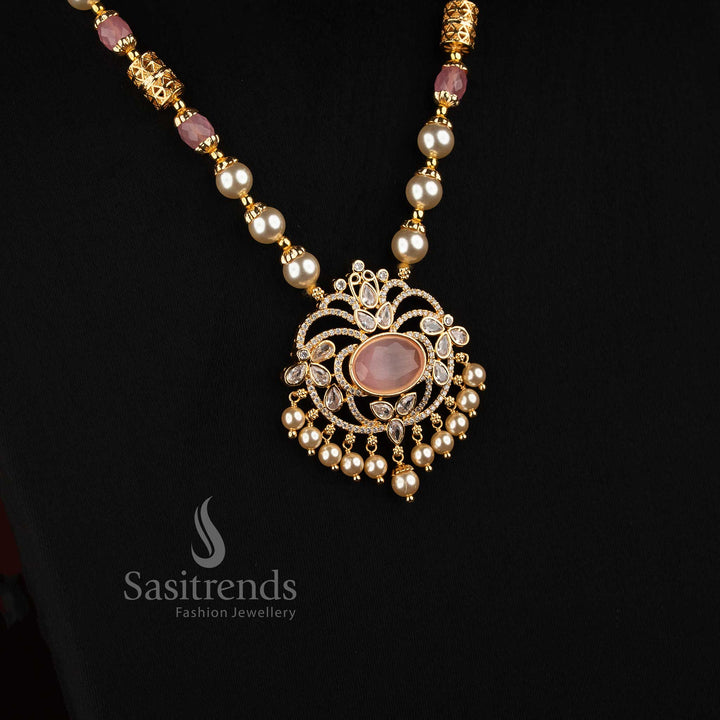 Detailed Pearl Strand Necklace with AD Stone Medallion Pendant and Pearl Drops - Sasitrends
