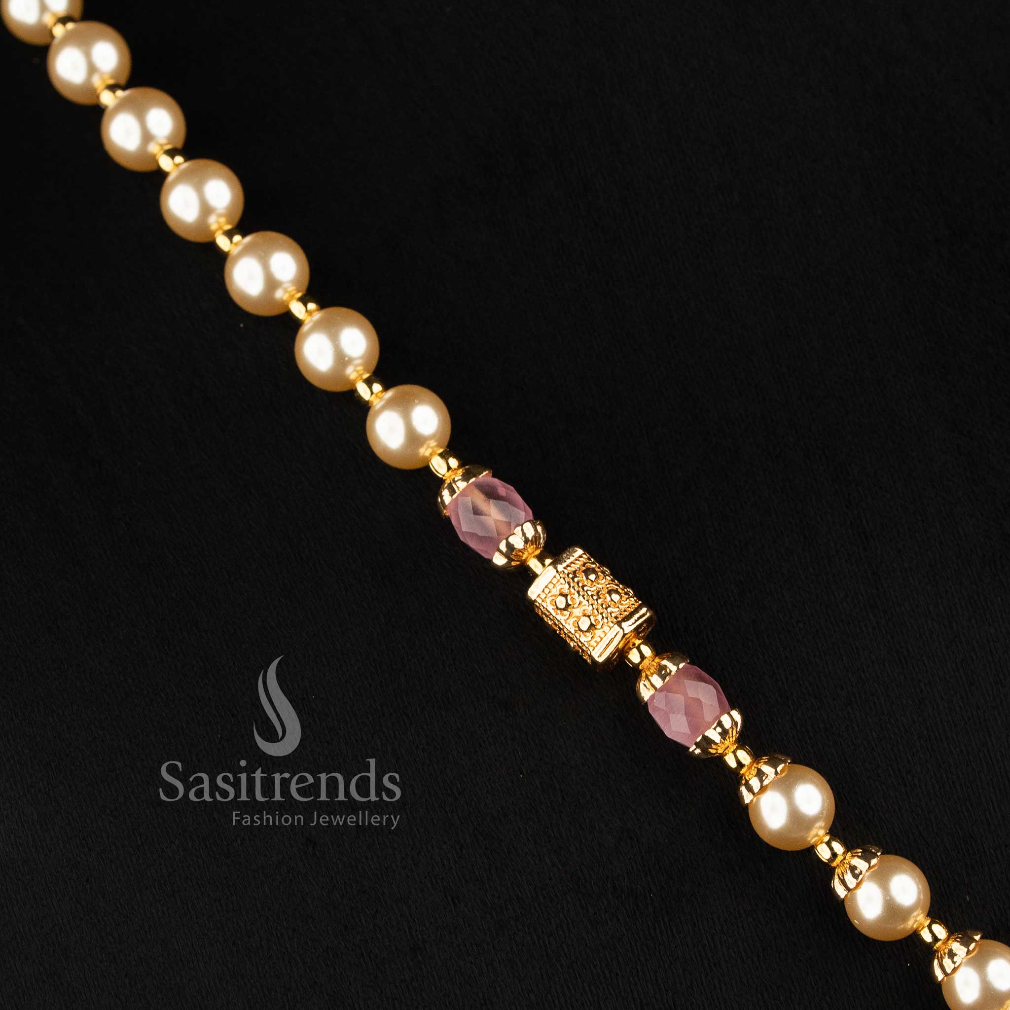 Amazing Micro Gold Plated Pearl and Bead Strand AD Stone Medallion Necklace Set - Sasitrends