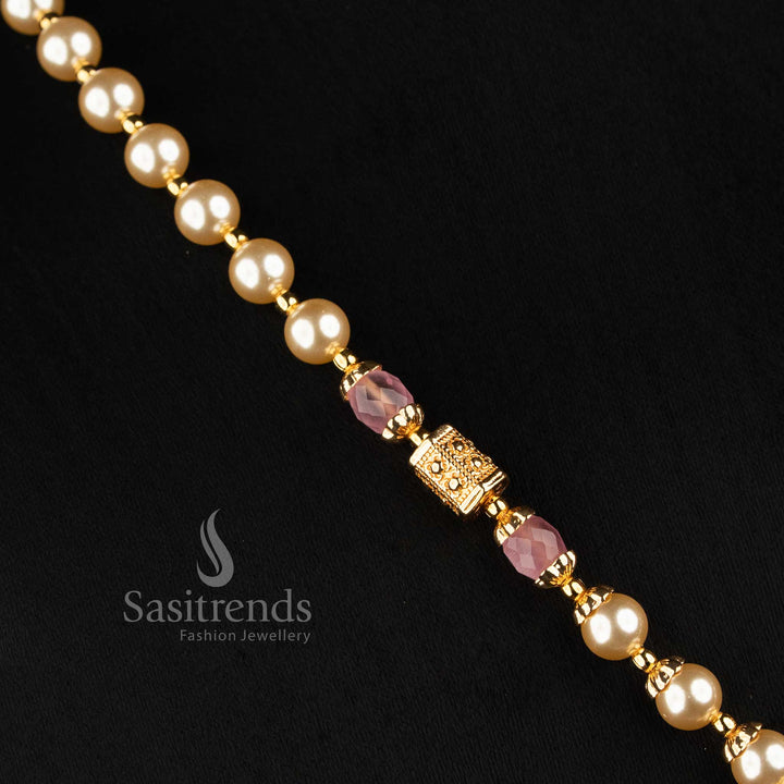 Amazing Micro Gold Plated Pearl and Bead Strand AD Stone Medallion Necklace Set - Sasitrends