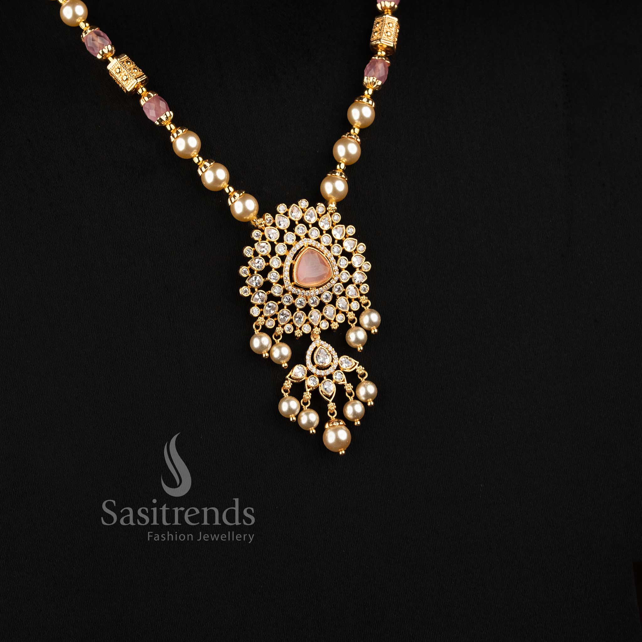 Micro Gold Plated Pearl and Bead Strand AD Stone Necklace Set for Women - Sasitrends