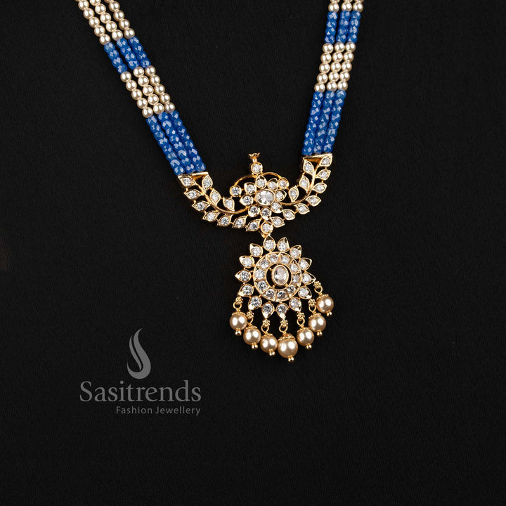 Elegant Micro Gold Plated Pearl Strand American Diamond Pendant Necklace Set - Sasitrends