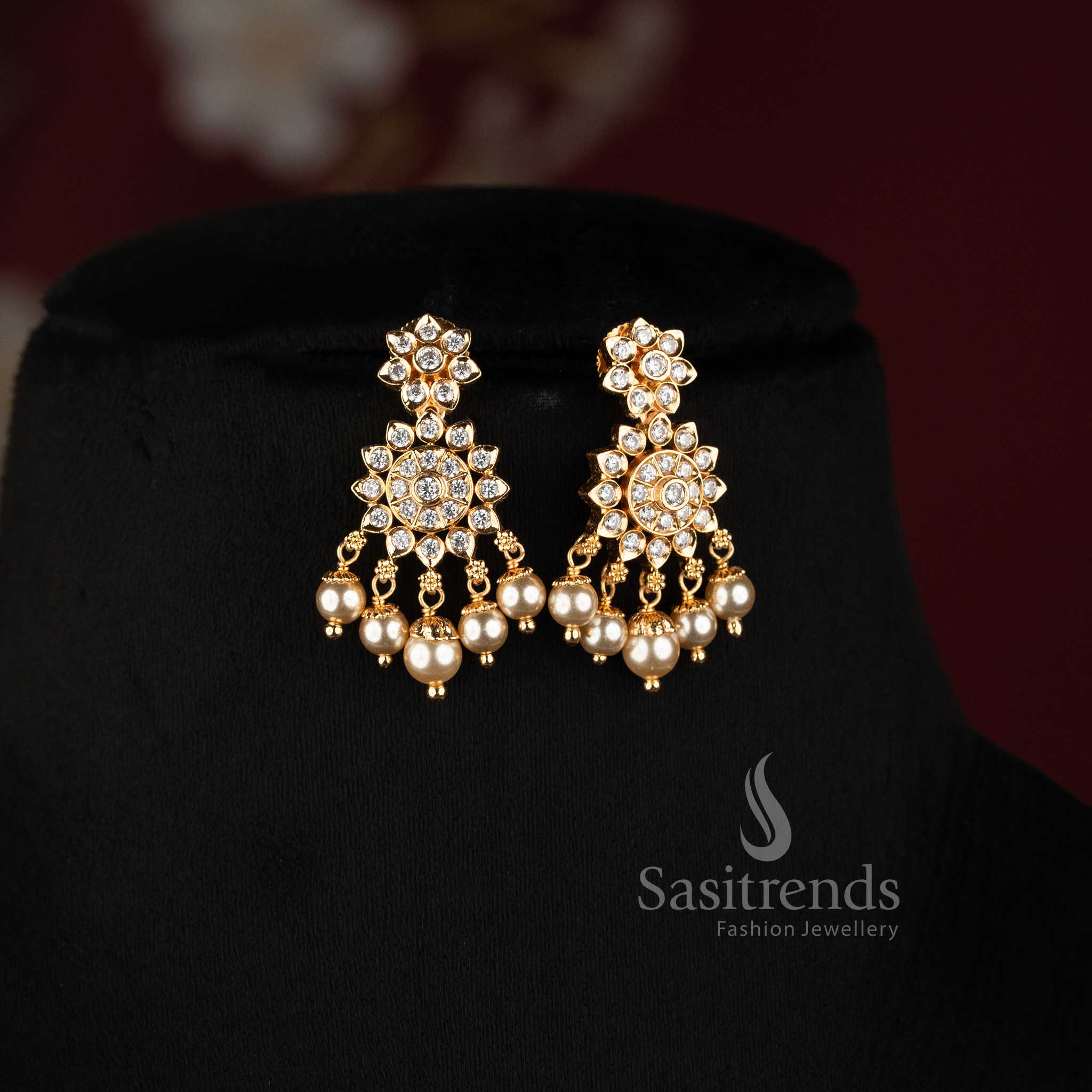 Beautiful Pearl Strand American Diamond Pendant Micro Gold Necklace Set with Matching Earrings - Sasitrends
