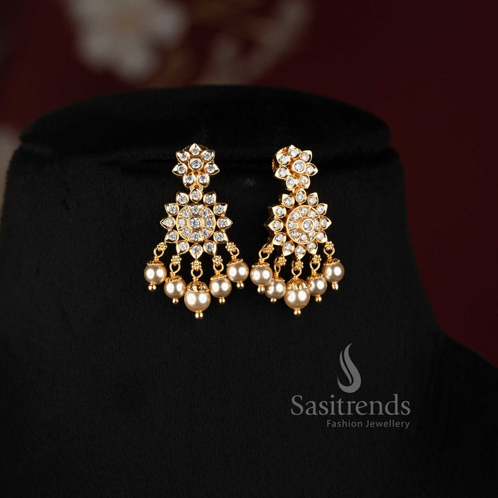 Beautiful Pearl Strand American Diamond Pendant Micro Gold Necklace Set with Matching Earrings - Sasitrends