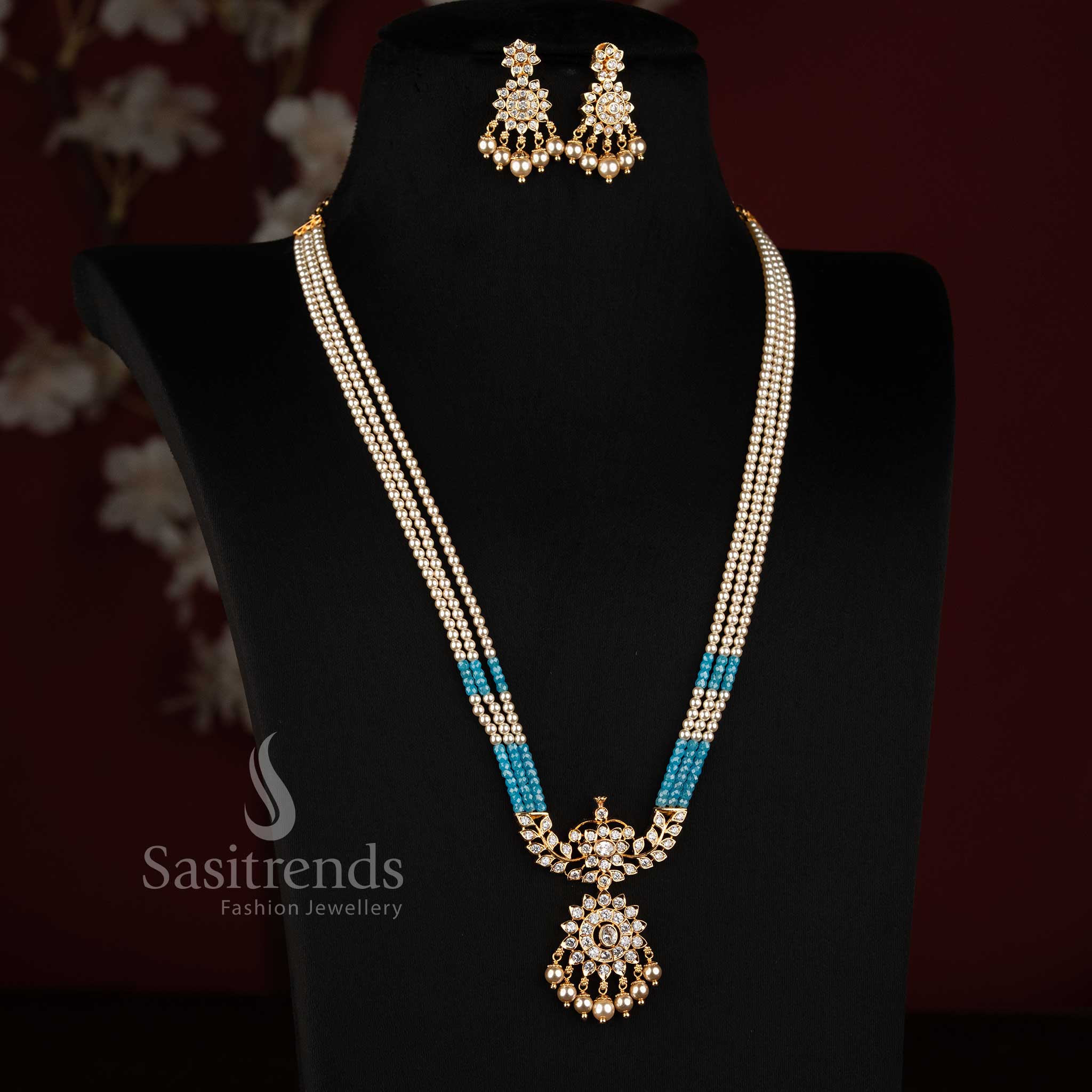 24K One Gram Micro Gold Plated Pearl AD Stone Necklace Set for Wedding and Festive Wear - Sasitrends