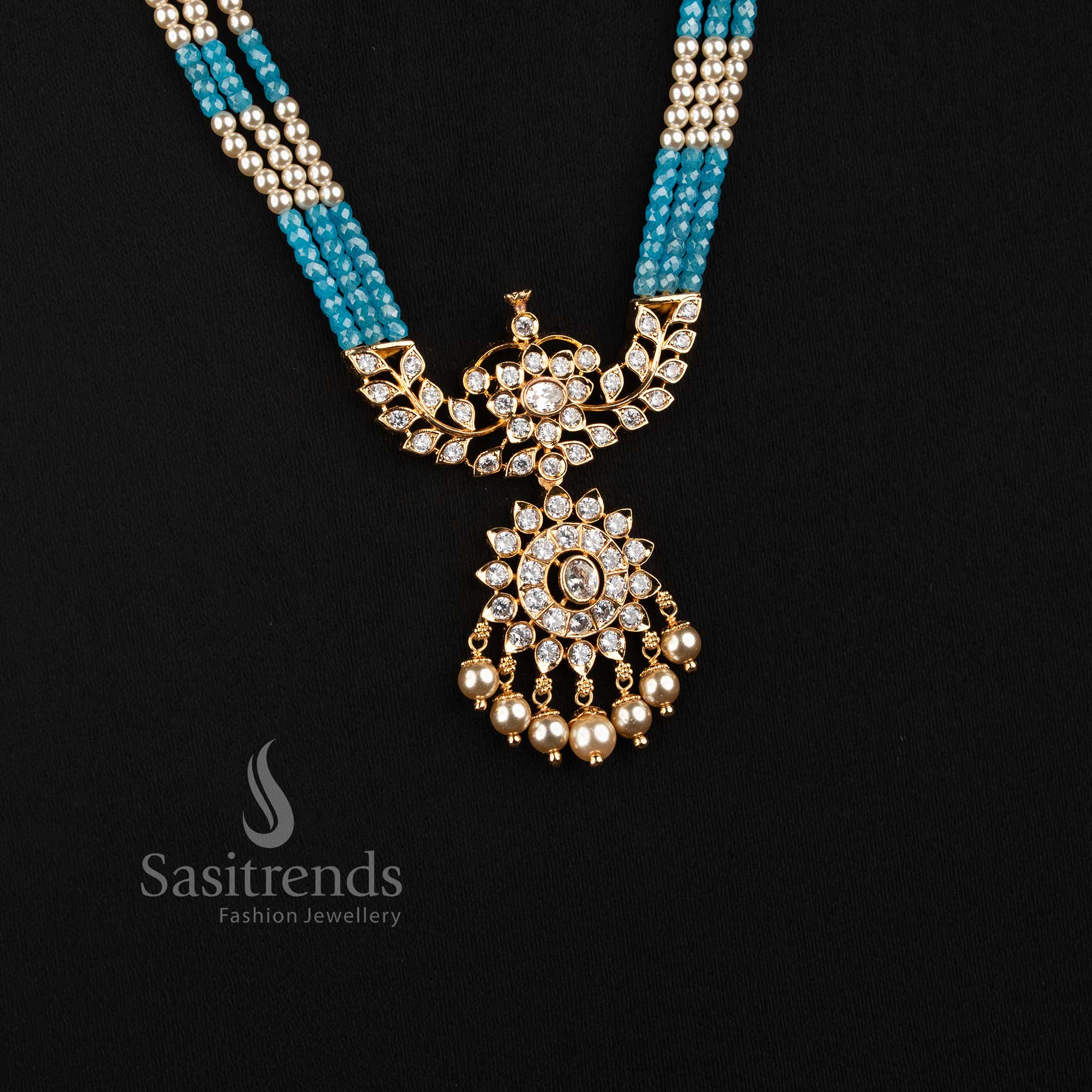 Micro Gold Plated Pearl Strand American Diamond Necklace Set for Women - Sasitrends