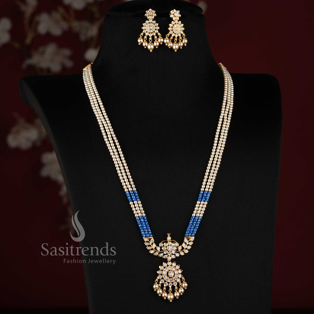 One Gram 24K Micro Gold Plated Multistrand Pearl Bead AD Stone Pendant Necklace Set with Matching Earrings - Sasitrends