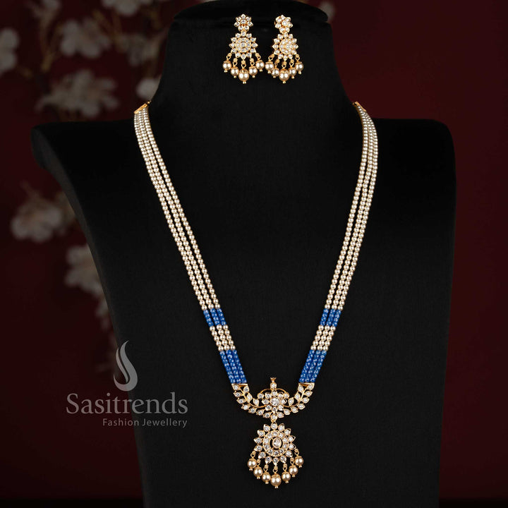 One Gram 24K Micro Gold Plated Multistrand Pearl Bead AD Stone Pendant Necklace Set with Matching Earrings - Sasitrends