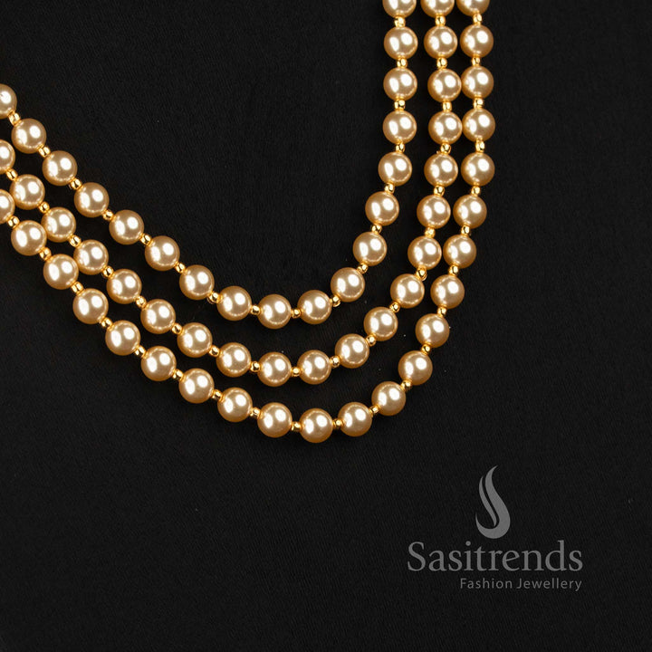 Traditional Gold Plated Multi Layer Pearl Strand Haram Necklace with AD Brooches - Sasitrends