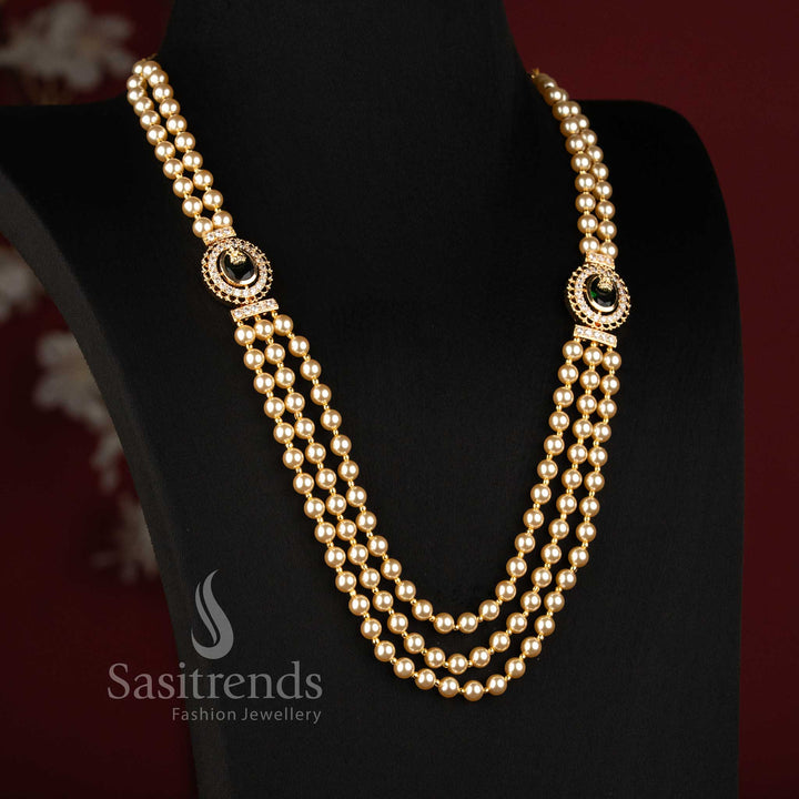 Micro Gold Plated Multi Strand Pearl Layered Haram Necklace with American Diamond Side Brooches - Sasitrends