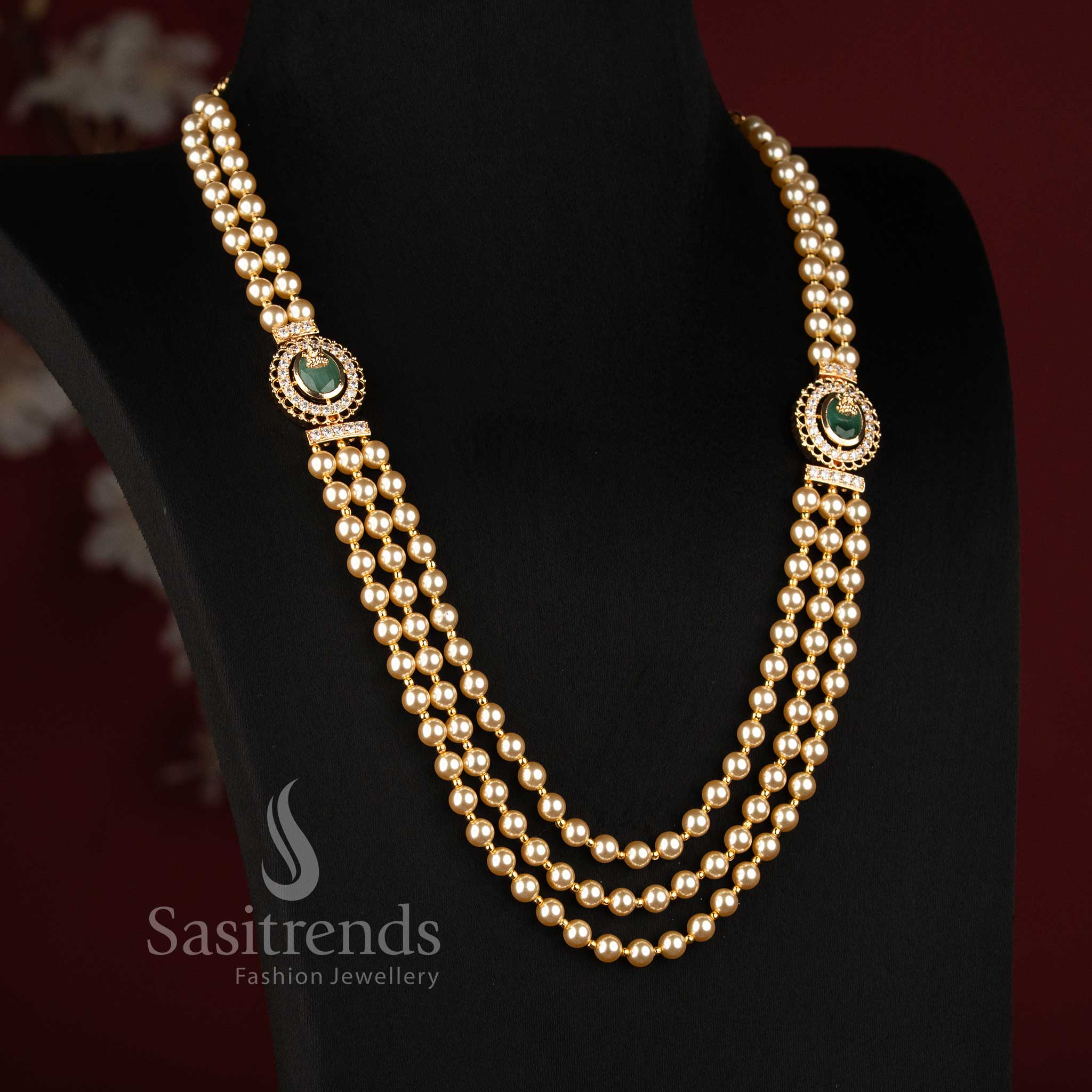 Traditional Gold Plated Multi Layer Pearl Strand Haram Necklace with AD Brooches - Sasitrends