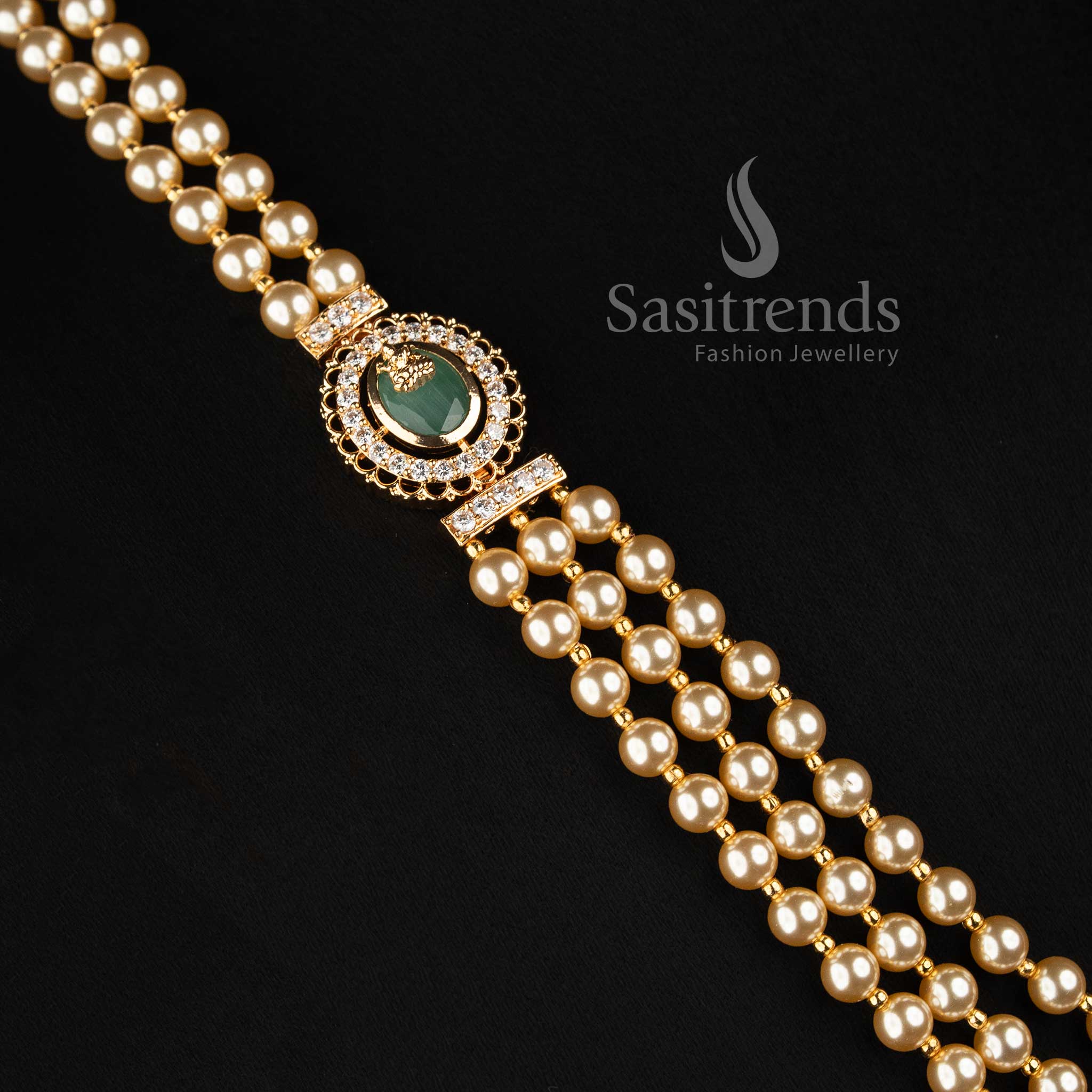 Traditional Micro Gold Plated Multi Layer Pearl Strand Haram Necklace with AD Brooches - Sasitrends
