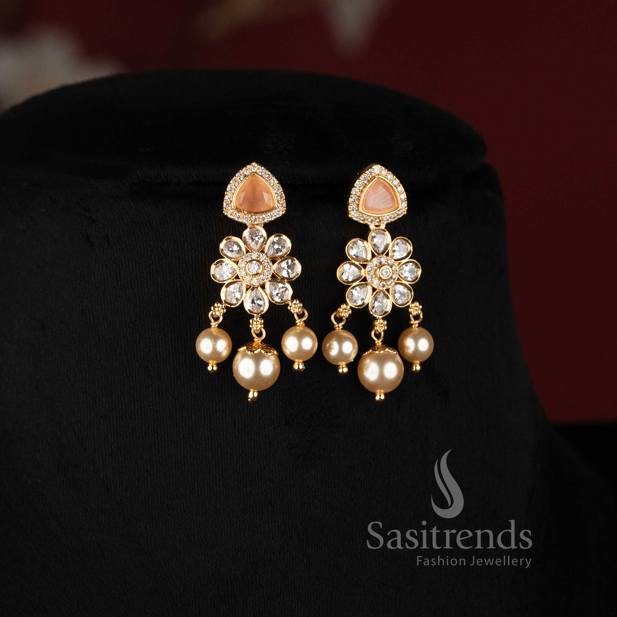 Micro Gold Plated Floral AD Pendant with Pearl Drops and Matching Necklace - Sasitrends