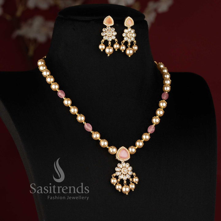 One Gram 24K Micro Gold Plated Pearl Chain Floral Pendant Necklace Set with Earrings -  Sasitrends