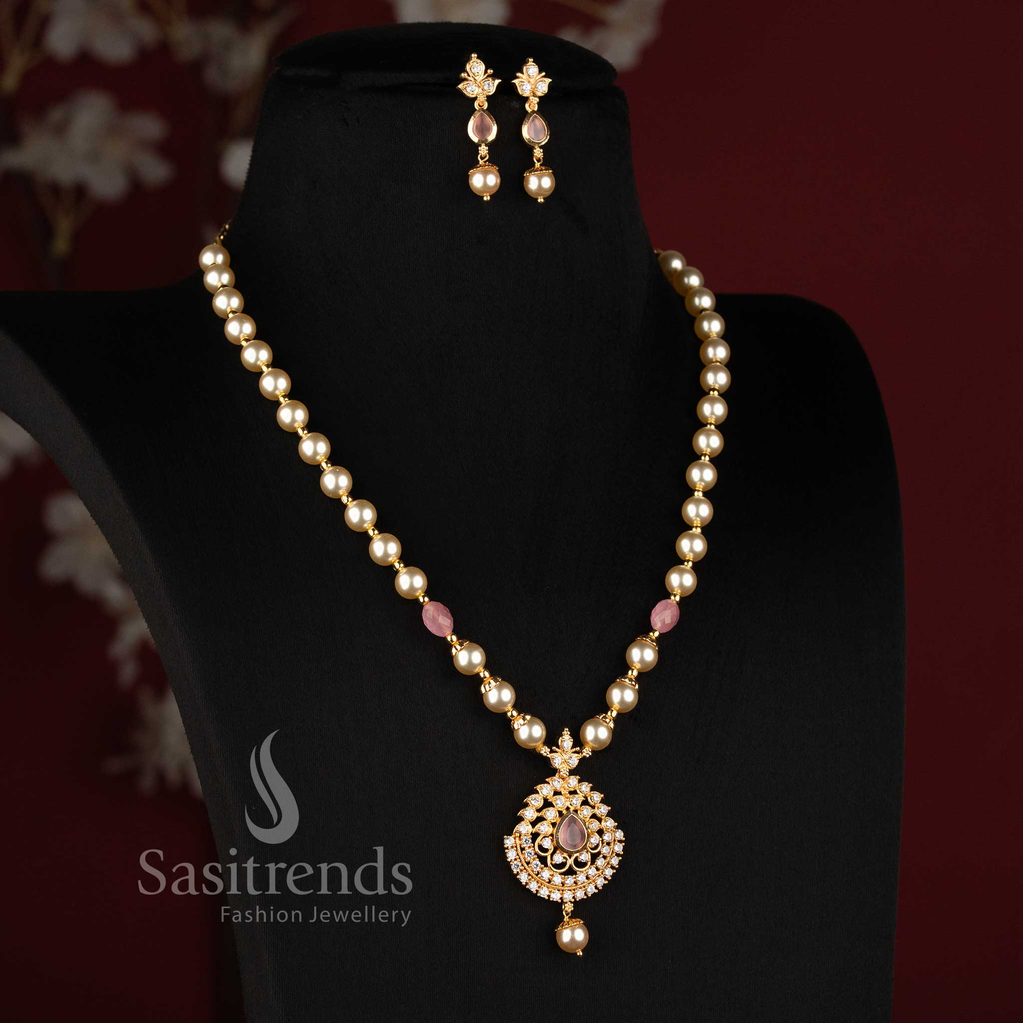 Micro Gold Plated Pearl Medallion Necklace Set for Wedding and Festive Wear - Sasitrends