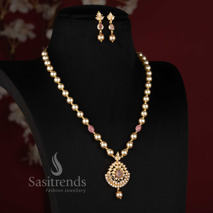 Stunning Micro Gold Plated Pearl Chain Medallion Pendant Necklace Set with Earrings - Sasitrends