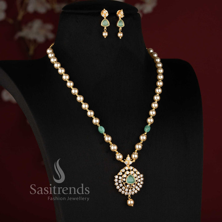 Traditional Micro Gold Plated Pearl Mala Necklace Set with American Diamond CZ Medallion Pendant & Matching Drop Earrings