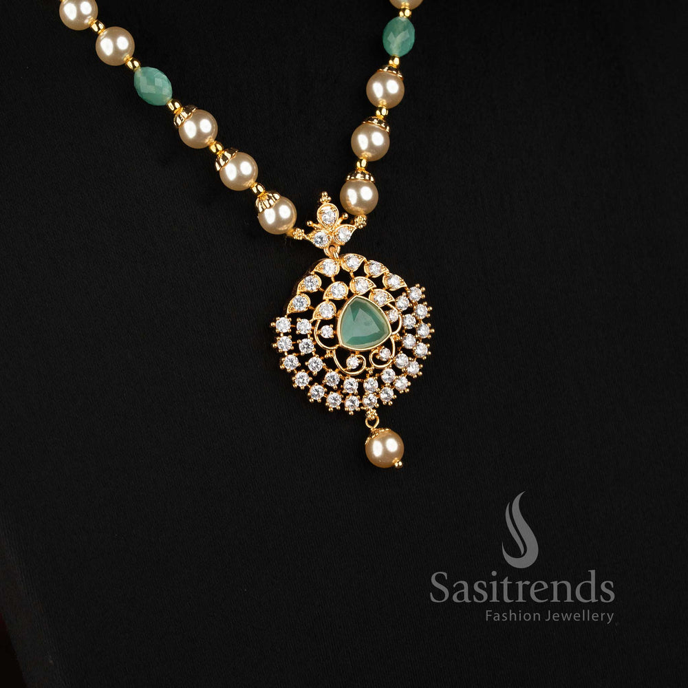 Detailed Micro Gold Plated AD CZ Medallion Pendant with Pearl Chain and Matching Earrings - Sasitrends