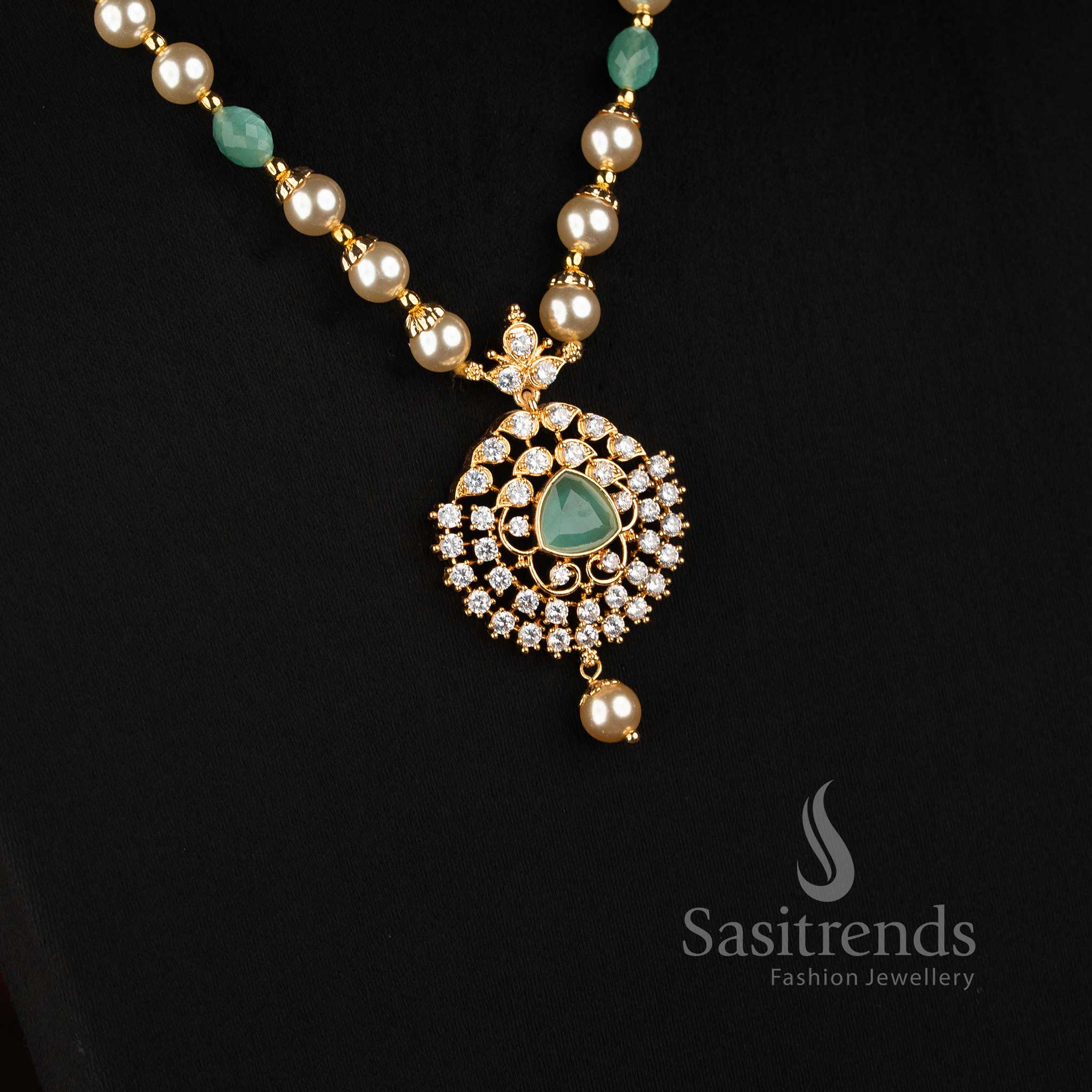 Detailed Micro Gold Plated AD CZ Medallion Pendant with Pearl Chain and Matching Earrings - Sasitrends